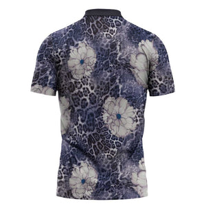 African Leopard Floral Pattern Zipper Polo Shirt Nile Indigo