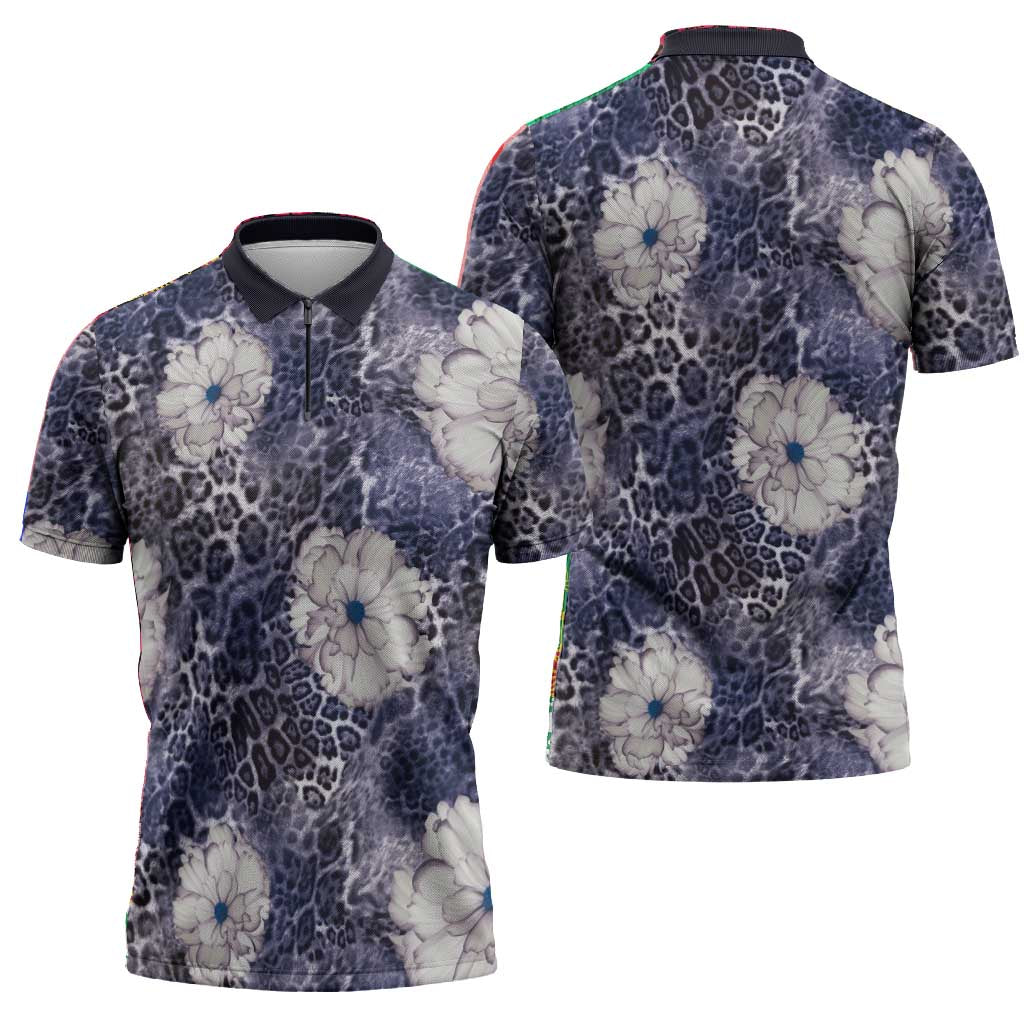 African Leopard Floral Pattern Zipper Polo Shirt Nile Indigo