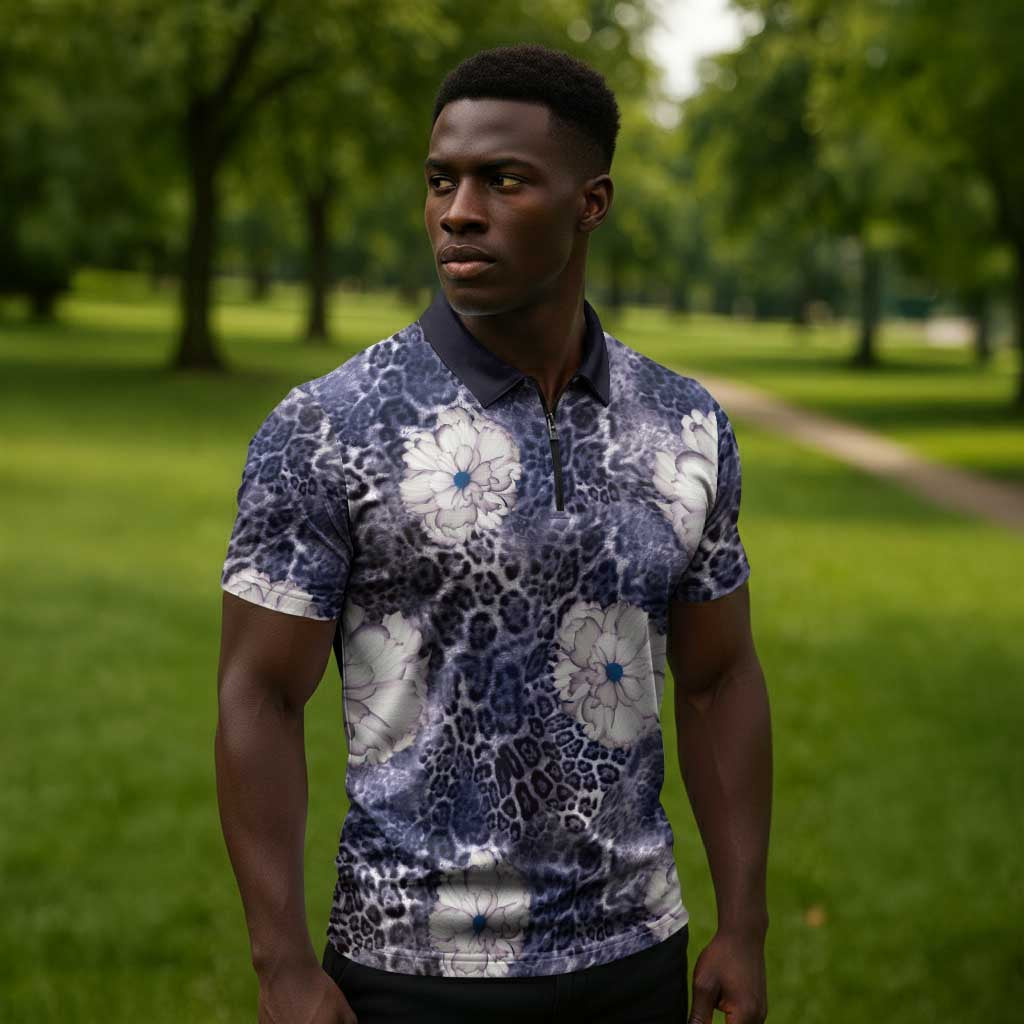 African Leopard Floral Pattern Zipper Polo Shirt Nile Indigo