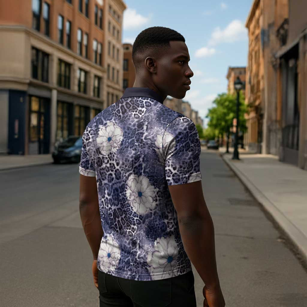 African Leopard Floral Pattern Zipper Polo Shirt Nile Indigo