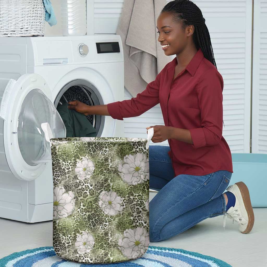 African Leopard Floral Pattern Laundry Basket Safari Moss