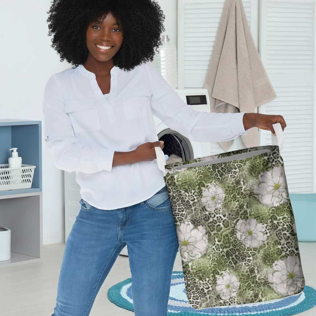 African Leopard Floral Pattern Laundry Basket Safari Moss