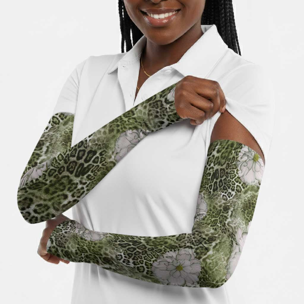 African Leopard Floral Pattern Arm Sleeves Safari Moss