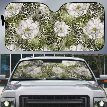 African Leopard Floral Pattern Auto Sun Shade Safari Moss
