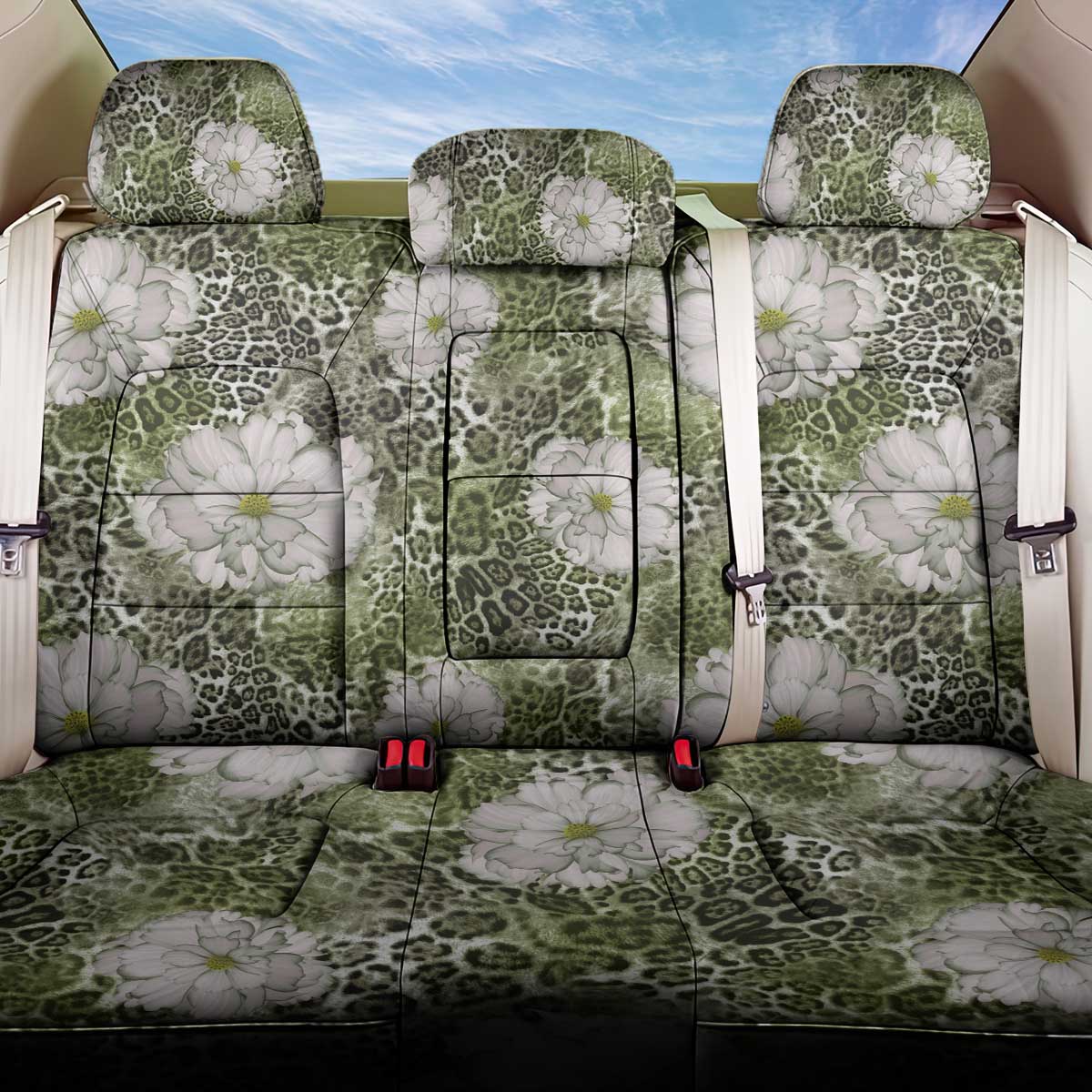 African Leopard Floral Pattern Back Car Seat Cover Safari Moss
