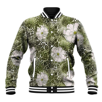 African Leopard Floral Pattern Baseball Jacket Safari Moss