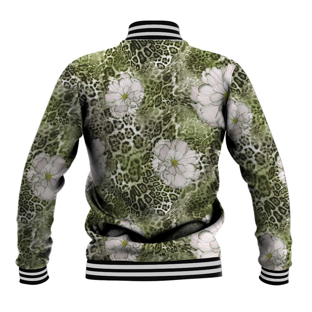 African Leopard Floral Pattern Baseball Jacket Safari Moss