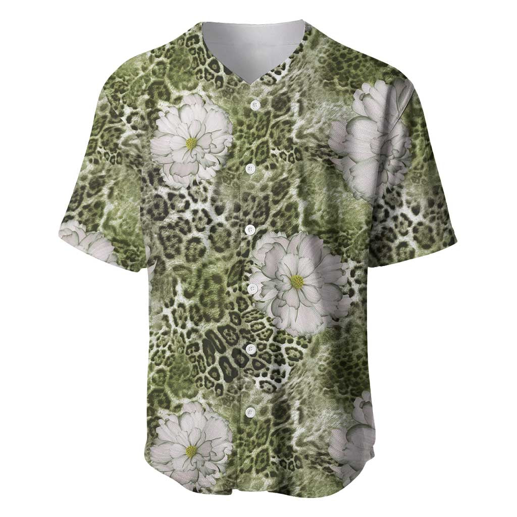 African Leopard Floral Pattern Baseball Jersey Safari Moss