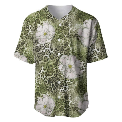 African Leopard Floral Pattern Baseball Jersey Safari Moss