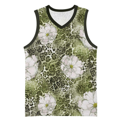 African Leopard Floral Pattern Basketball Jersey Safari Moss