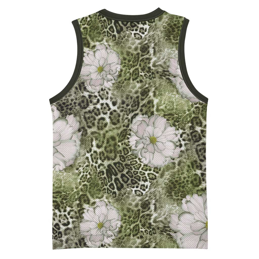 African Leopard Floral Pattern Basketball Jersey Safari Moss