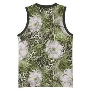 African Leopard Floral Pattern Basketball Jersey Safari Moss