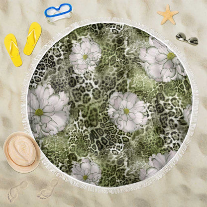 African Leopard Floral Pattern Beach Blanket Safari Moss