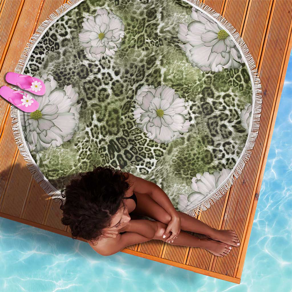African Leopard Floral Pattern Beach Blanket Safari Moss