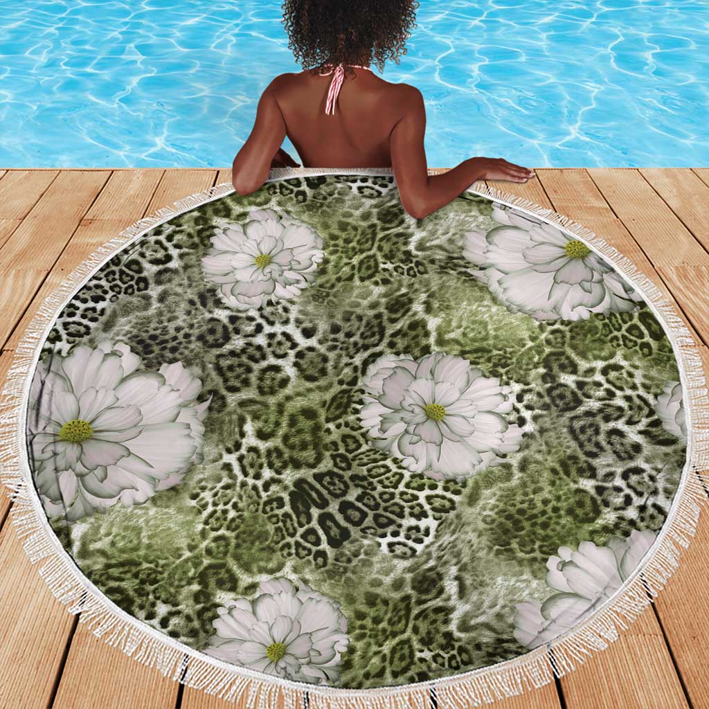 African Leopard Floral Pattern Beach Blanket Safari Moss
