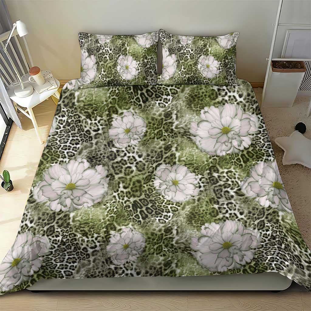 African Leopard Floral Pattern Bedding Set Safari Moss