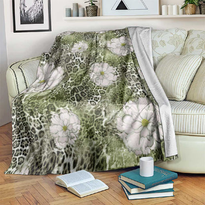 African Leopard Floral Pattern Blanket Safari Moss
