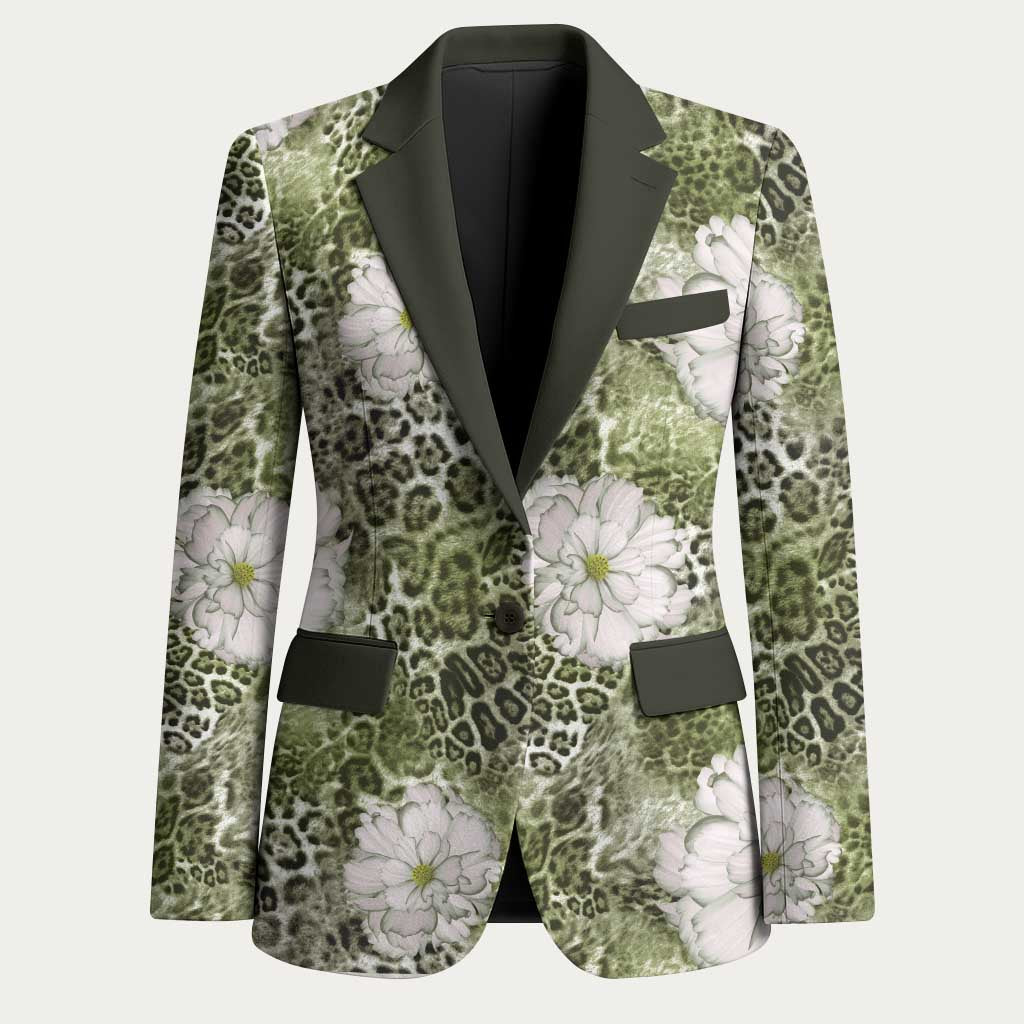 African Leopard Floral Pattern Blazer Safari Moss