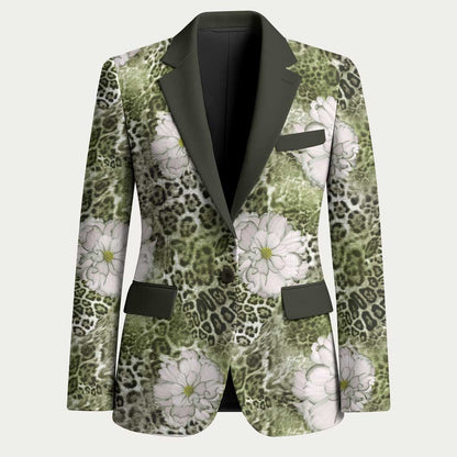 African Leopard Floral Pattern Blazer Safari Moss