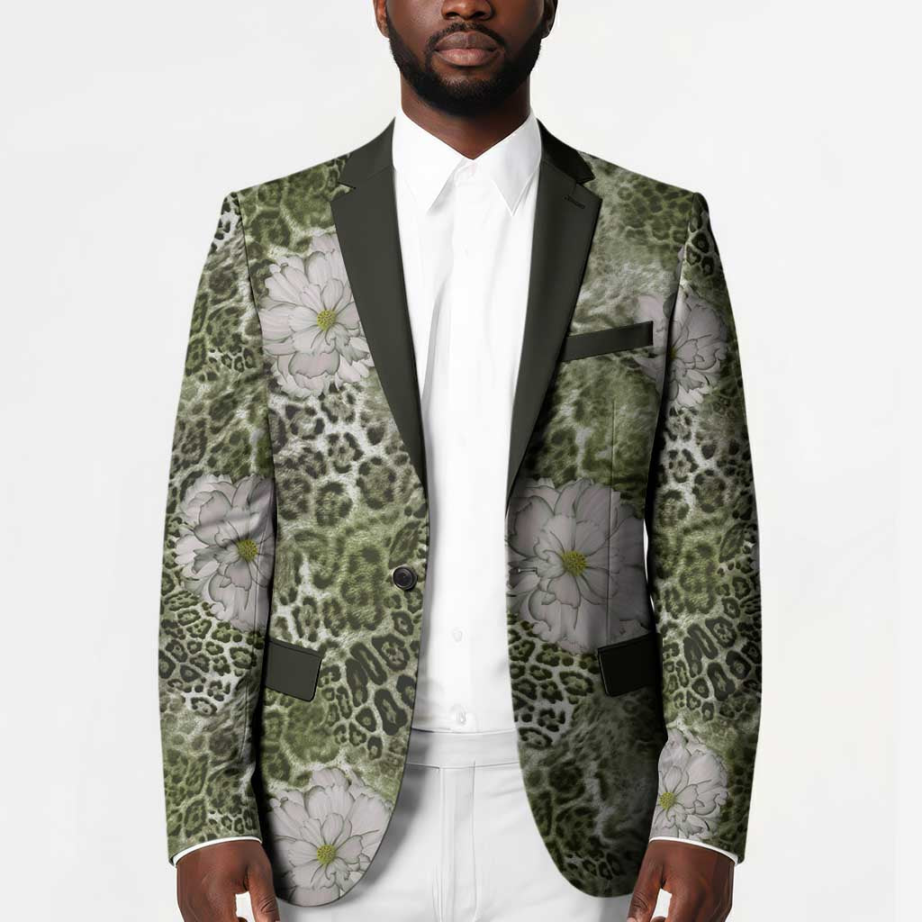 African Leopard Floral Pattern Blazer Safari Moss