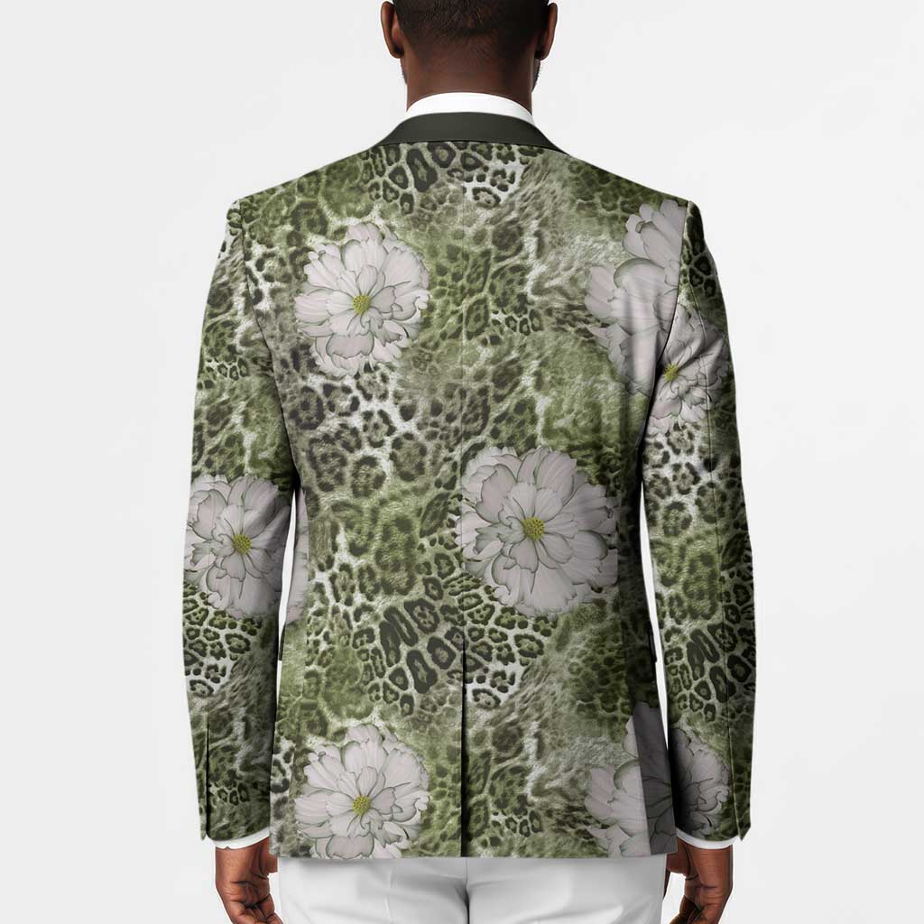 African Leopard Floral Pattern Blazer Safari Moss