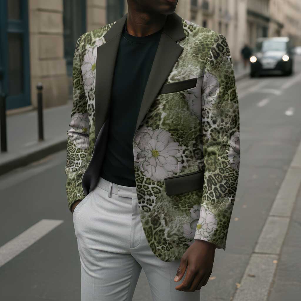 African Leopard Floral Pattern Blazer Safari Moss