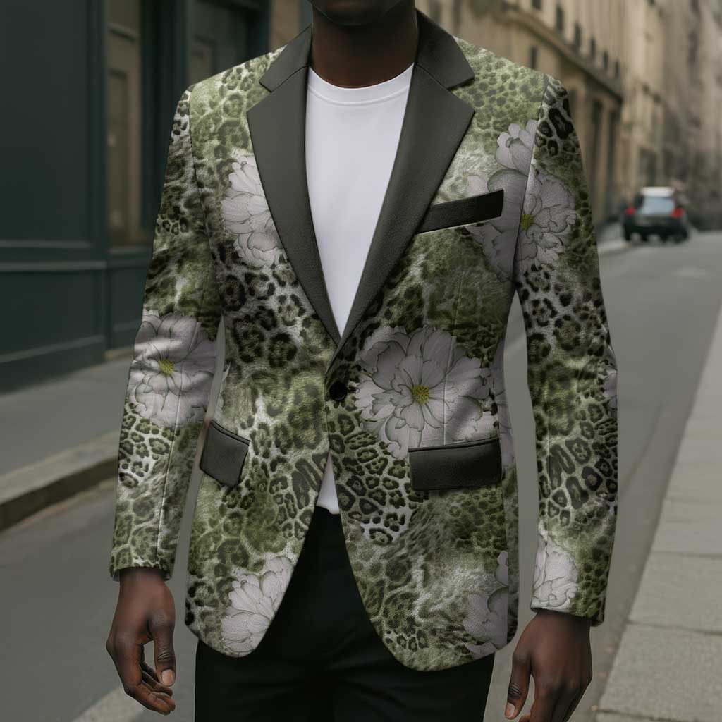African Leopard Floral Pattern Blazer Safari Moss