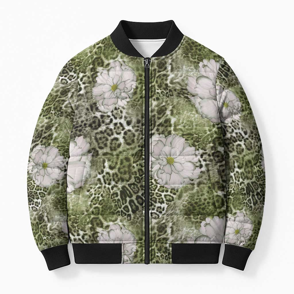 African Leopard Floral Pattern Bomber Puffer Jacket Safari Moss