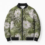 African Leopard Floral Pattern Bomber Puffer Jacket Safari Moss