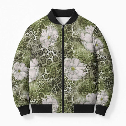African Leopard Floral Pattern Bomber Puffer Jacket Safari Moss