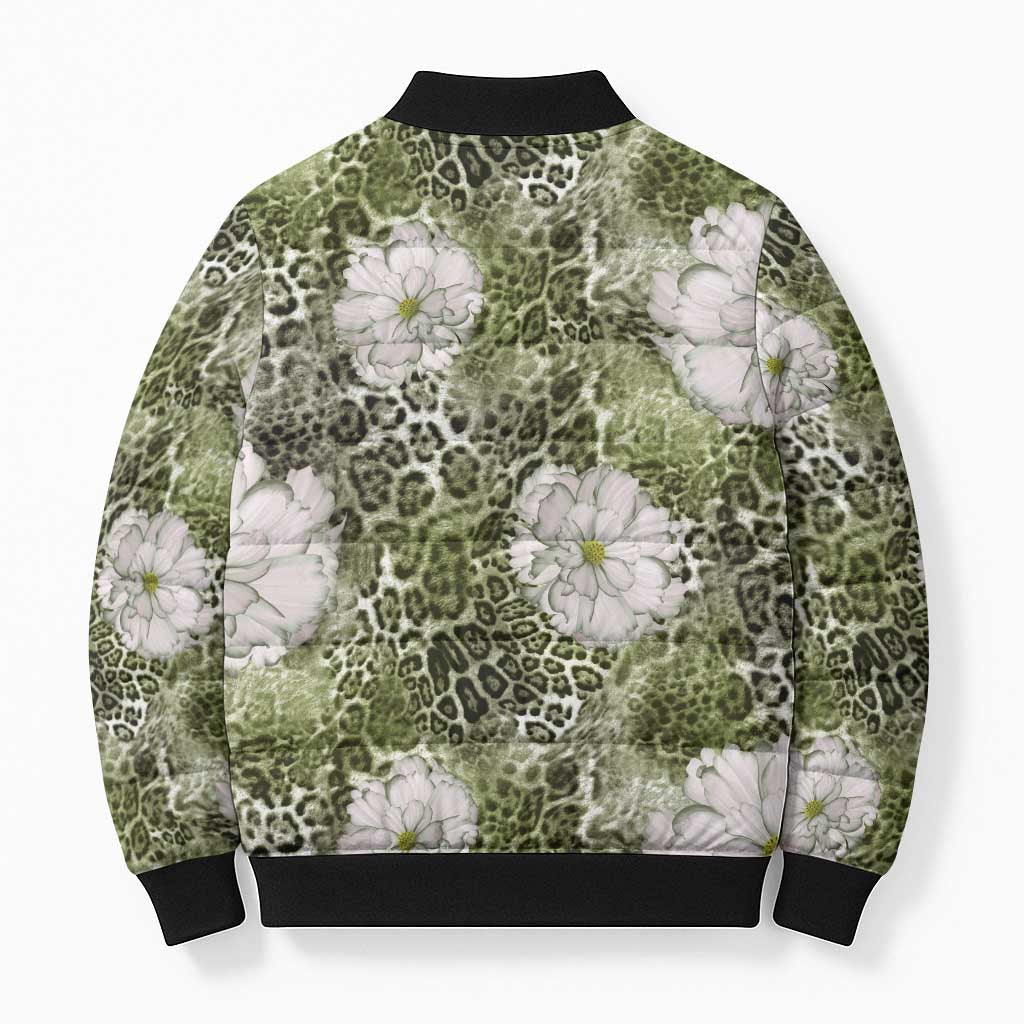 African Leopard Floral Pattern Bomber Puffer Jacket Safari Moss