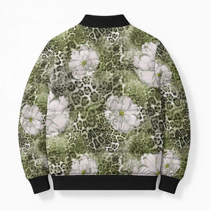 African Leopard Floral Pattern Bomber Puffer Jacket Safari Moss