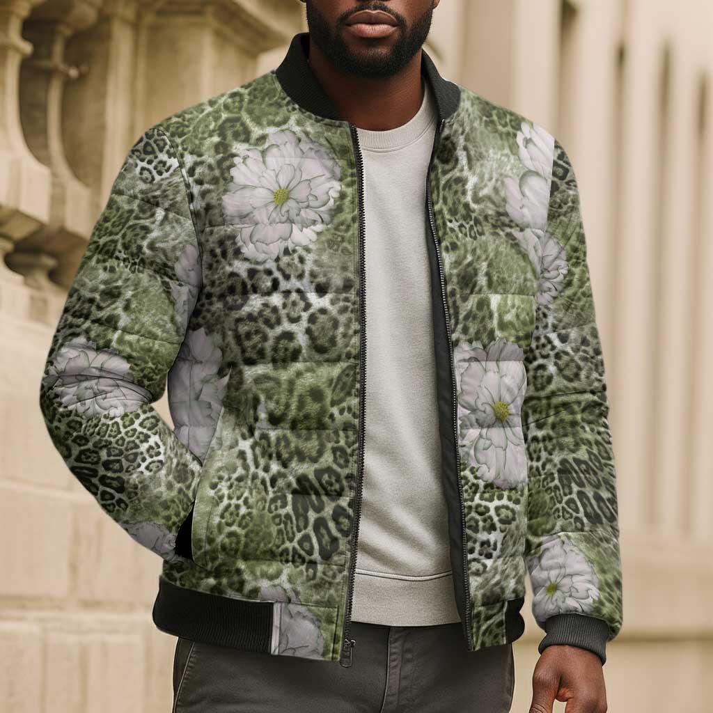 African Leopard Floral Pattern Bomber Puffer Jacket Safari Moss