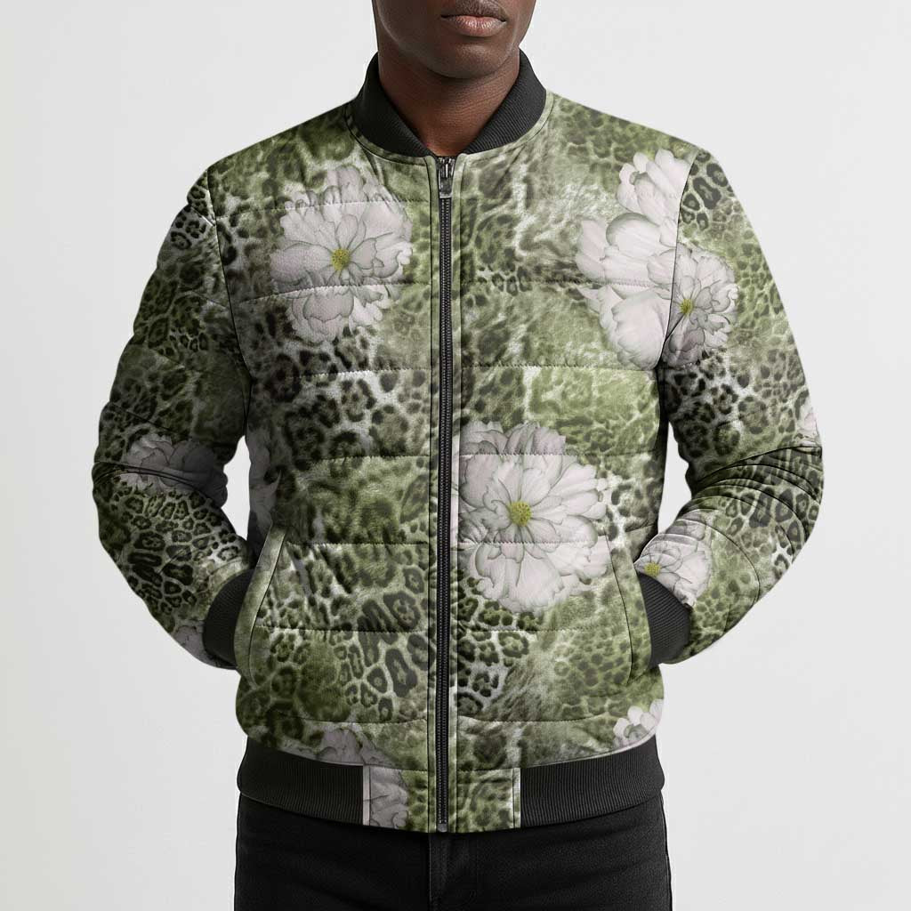 African Leopard Floral Pattern Bomber Puffer Jacket Safari Moss