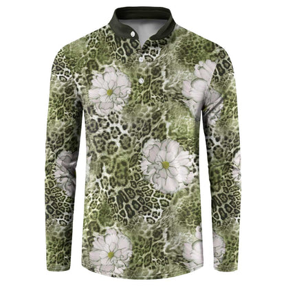 African Leopard Floral Pattern Button Sweatshirt Safari Moss