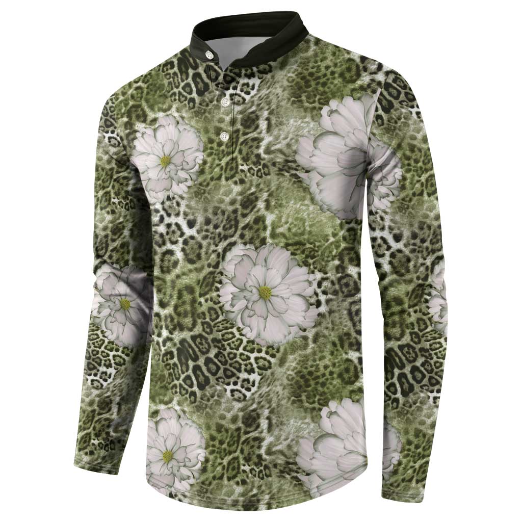 African Leopard Floral Pattern Button Sweatshirt Safari Moss