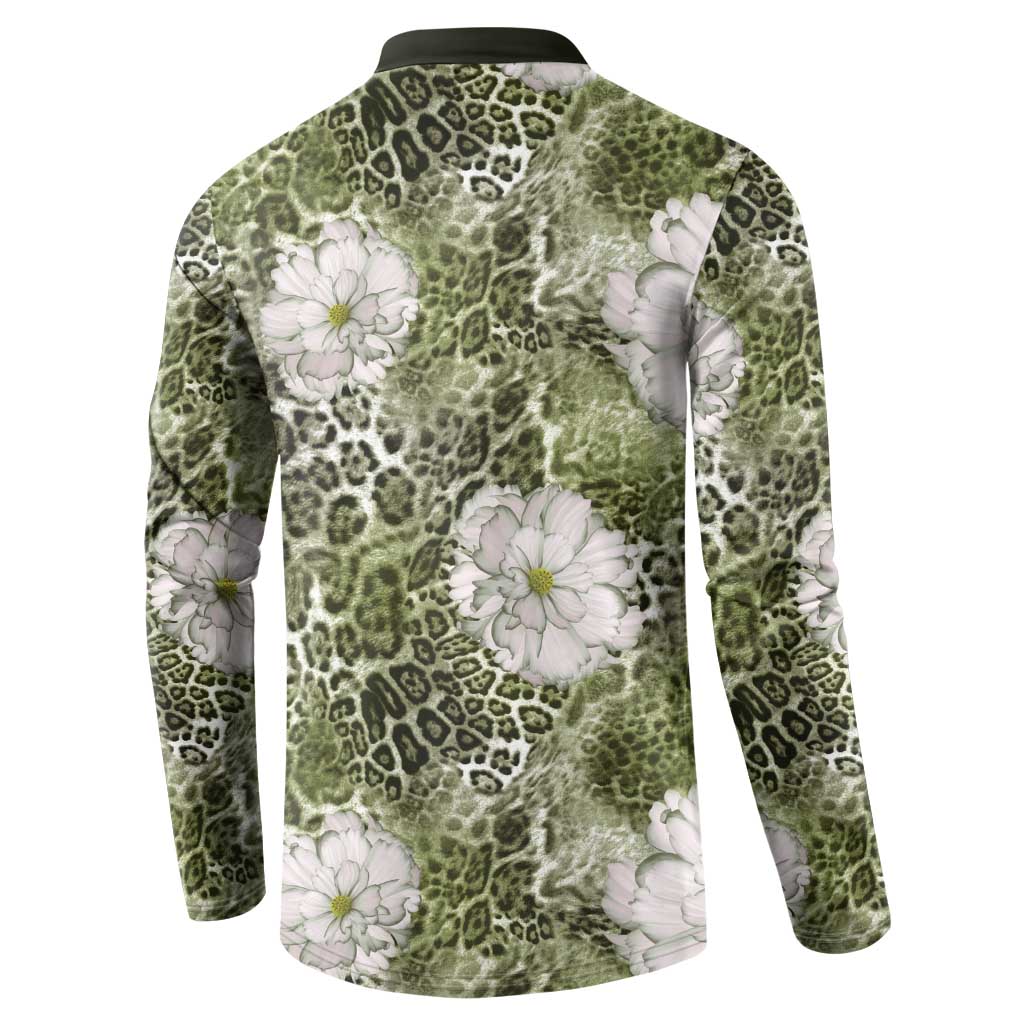 African Leopard Floral Pattern Button Sweatshirt Safari Moss