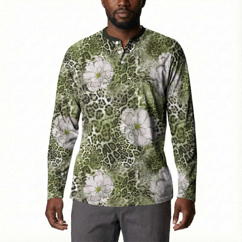 African Leopard Floral Pattern Button Sweatshirt Safari Moss