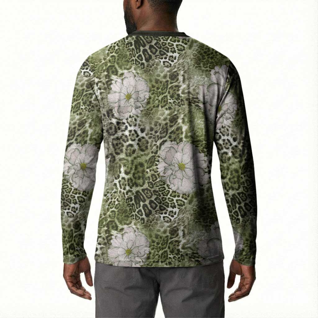 African Leopard Floral Pattern Button Sweatshirt Safari Moss