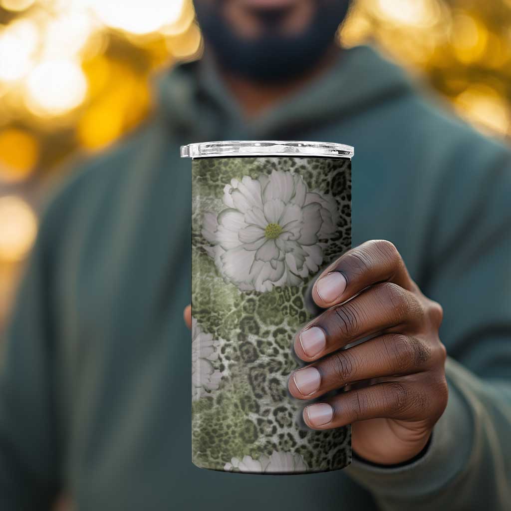 African Leopard Floral Pattern 4 in 1 Can Cooler Tumbler Safari Moss