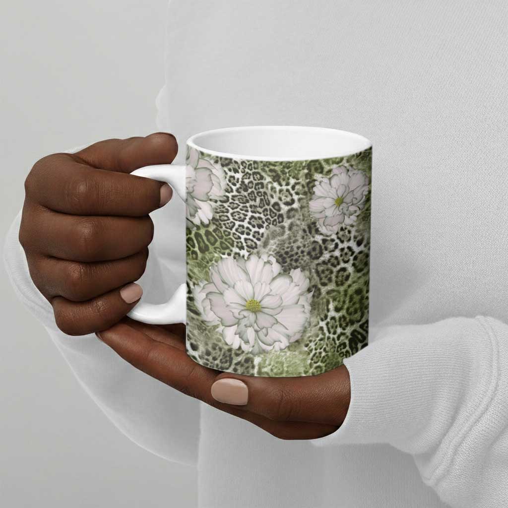African Leopard Floral Pattern Ceramic Mug Safari Moss