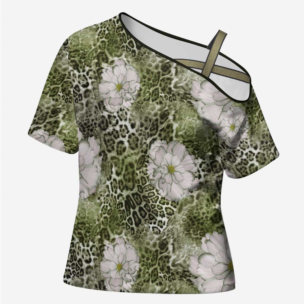 African Leopard Floral Pattern Cross Shoulder Shirt Safari Moss