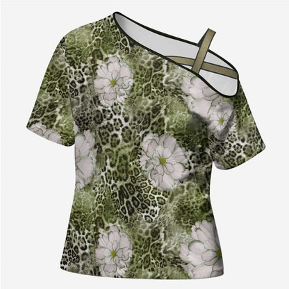 African Leopard Floral Pattern Cross Shoulder Shirt Safari Moss