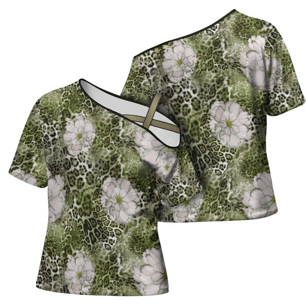 African Leopard Floral Pattern Cross Shoulder Shirt Safari Moss
