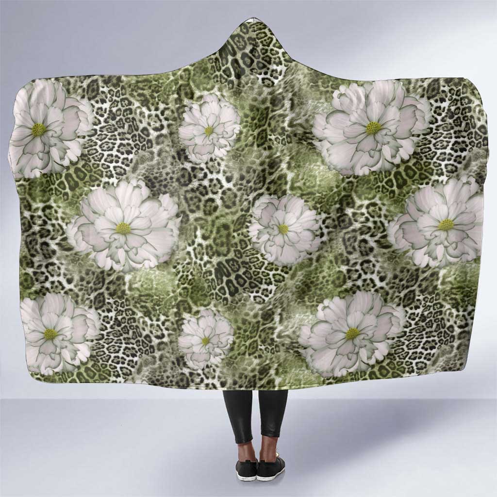 African Leopard Floral Pattern Hooded Blanket Safari Moss