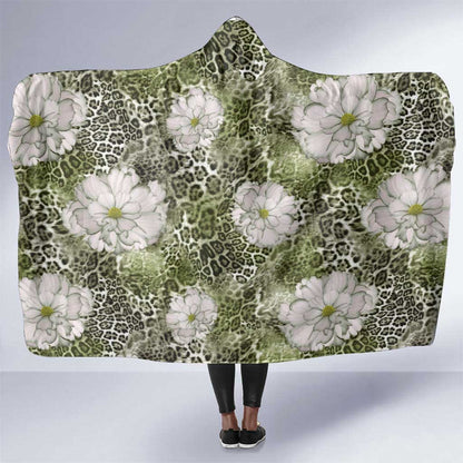 African Leopard Floral Pattern Hooded Blanket Safari Moss