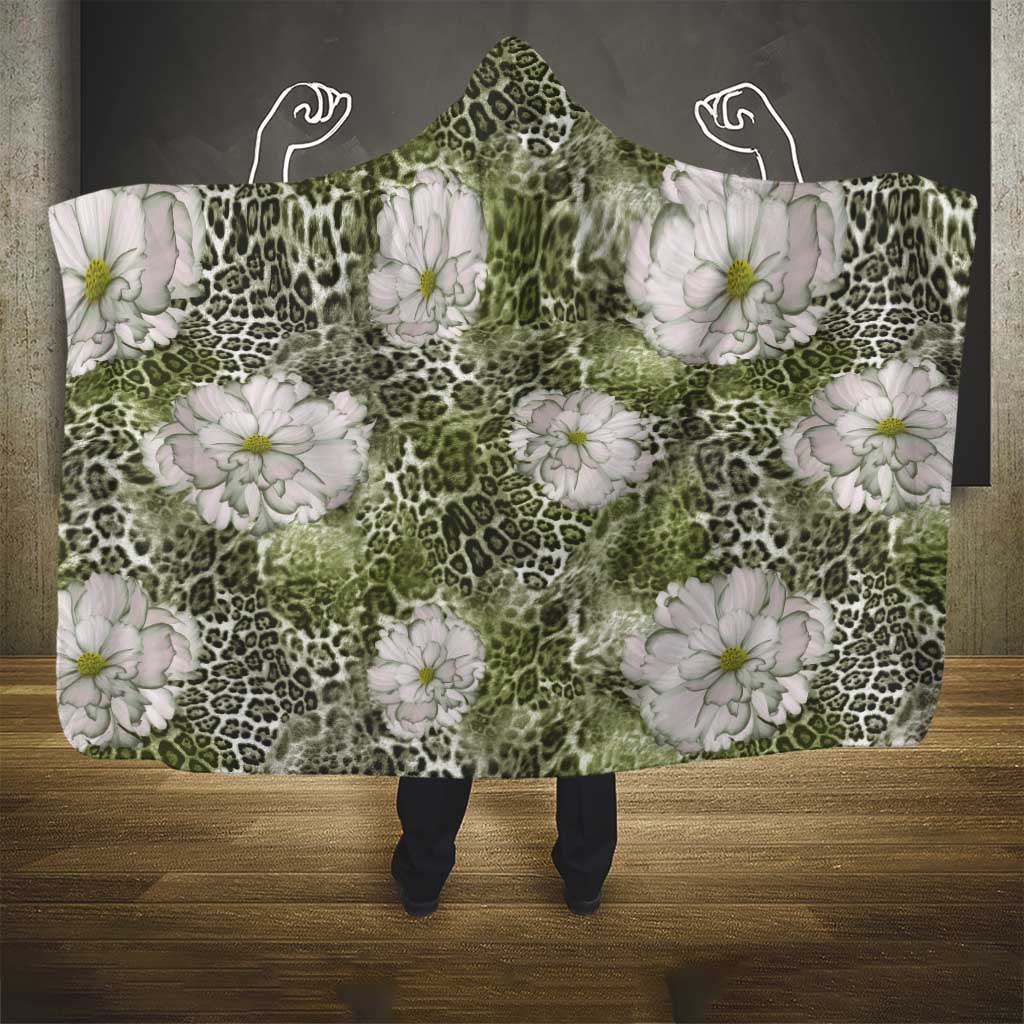 African Leopard Floral Pattern Hooded Blanket Safari Moss