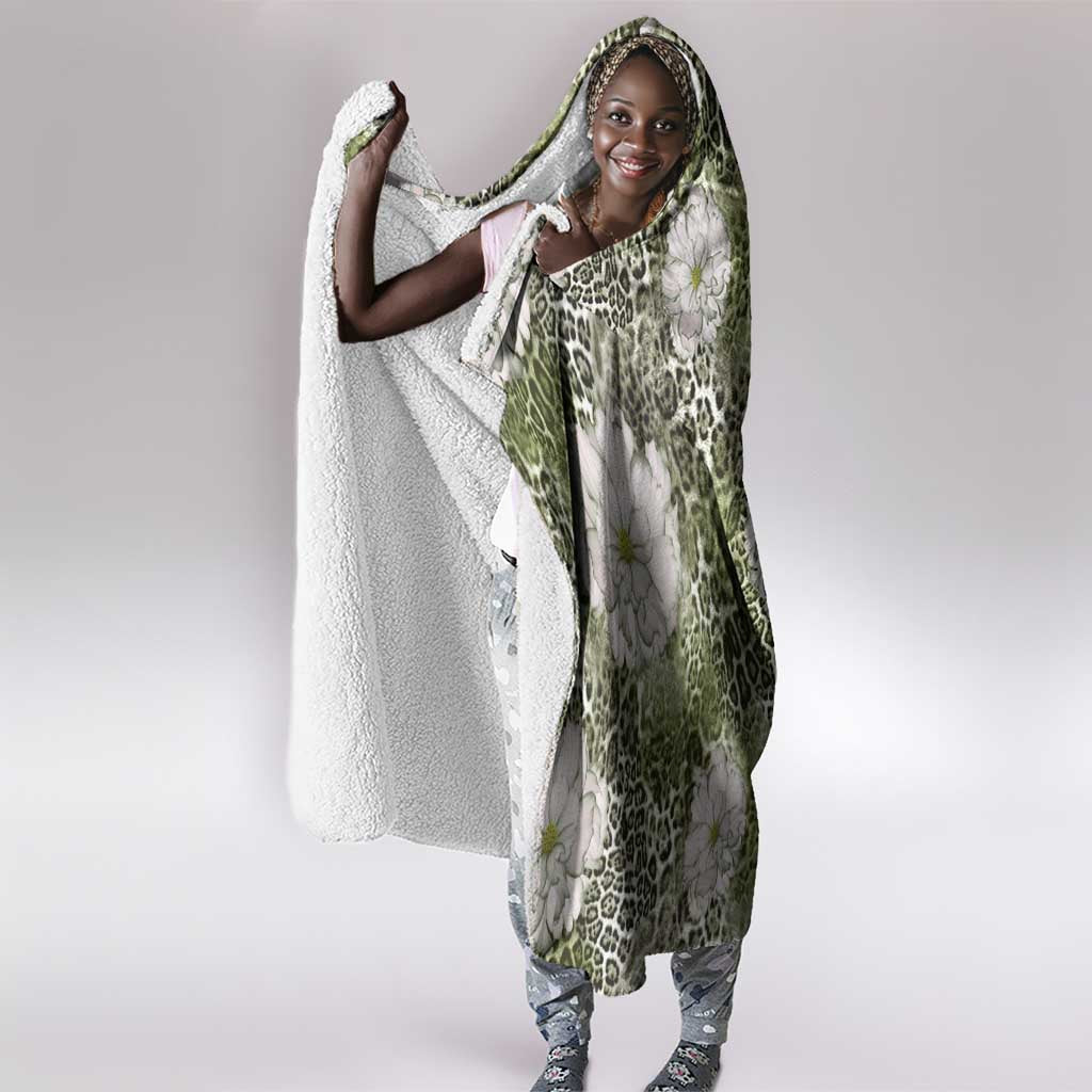 African Leopard Floral Pattern Hooded Blanket Safari Moss