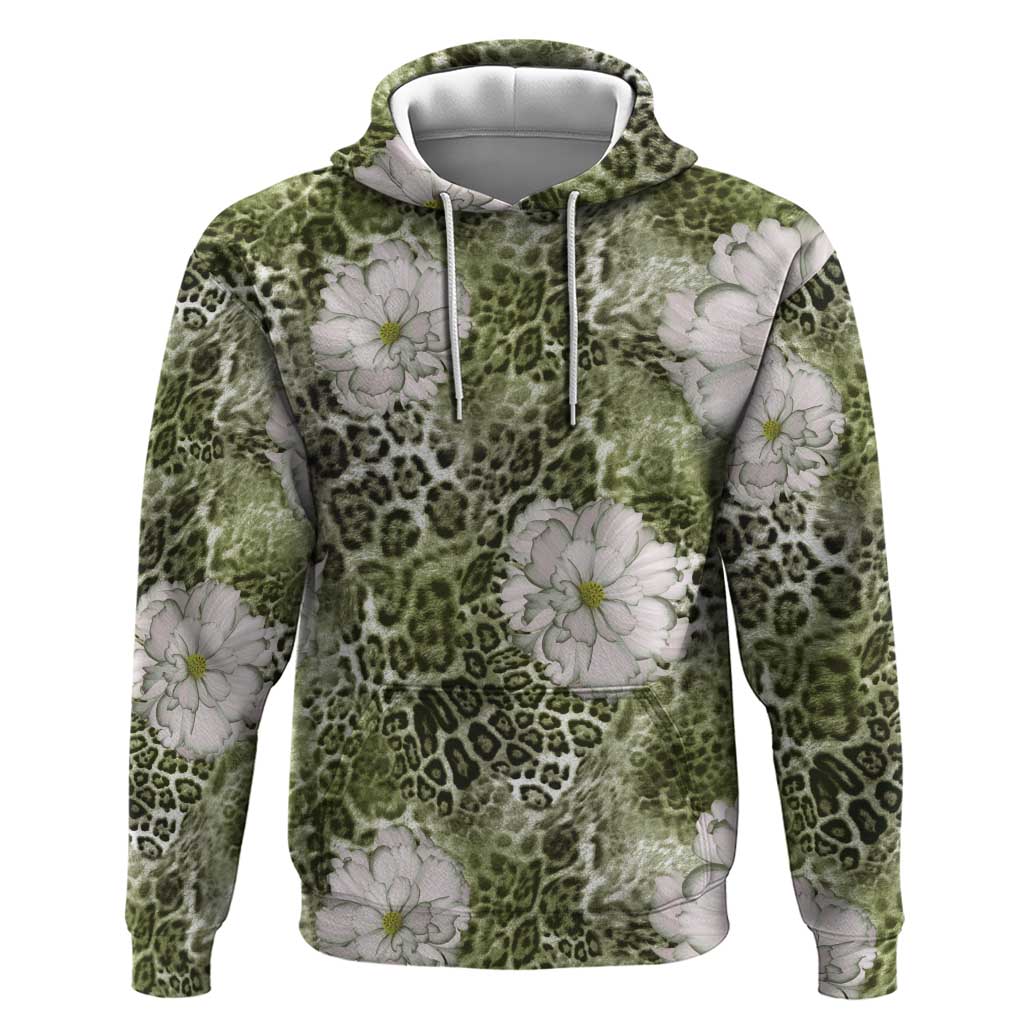 African Leopard Floral Pattern Hoodie Safari Moss
