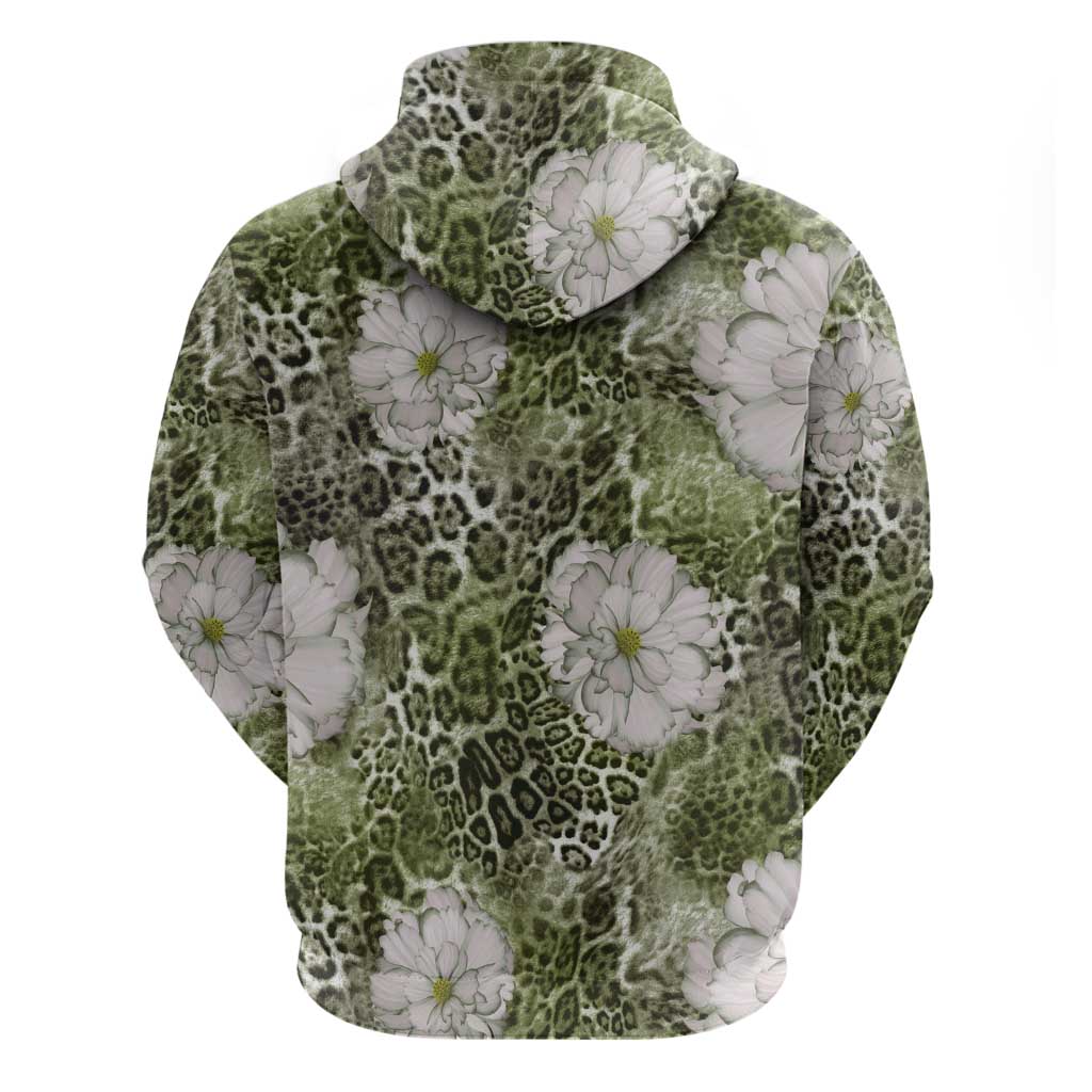 African Leopard Floral Pattern Hoodie Safari Moss
